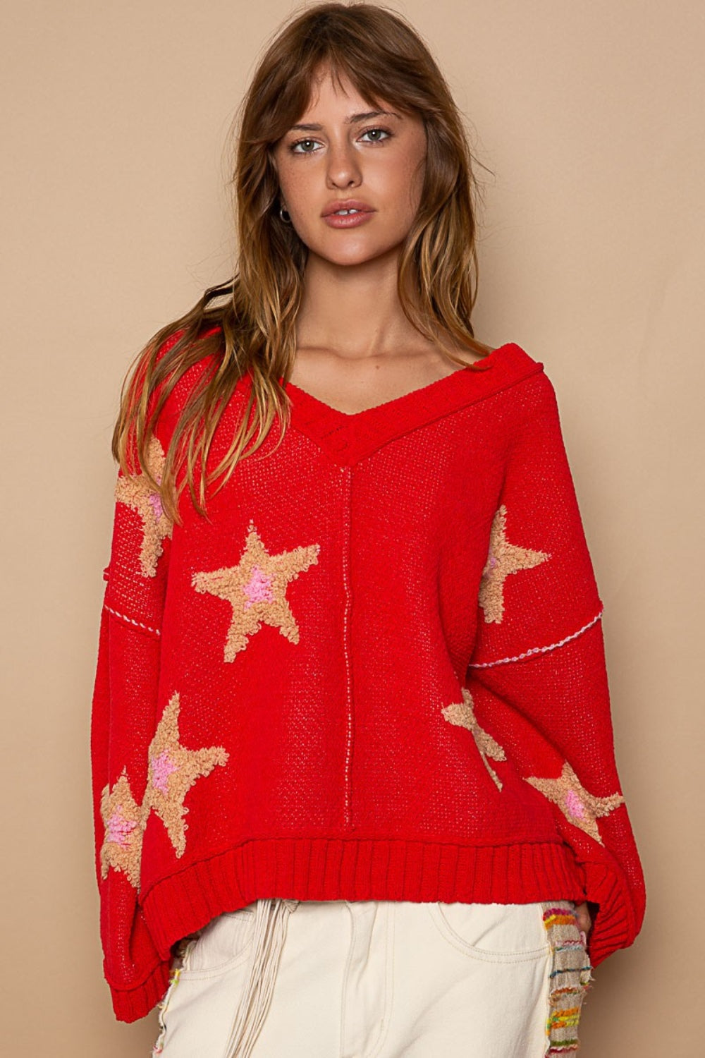 POL Long Sleeve Star Patch Sweater  Trendsi Apple Red S 