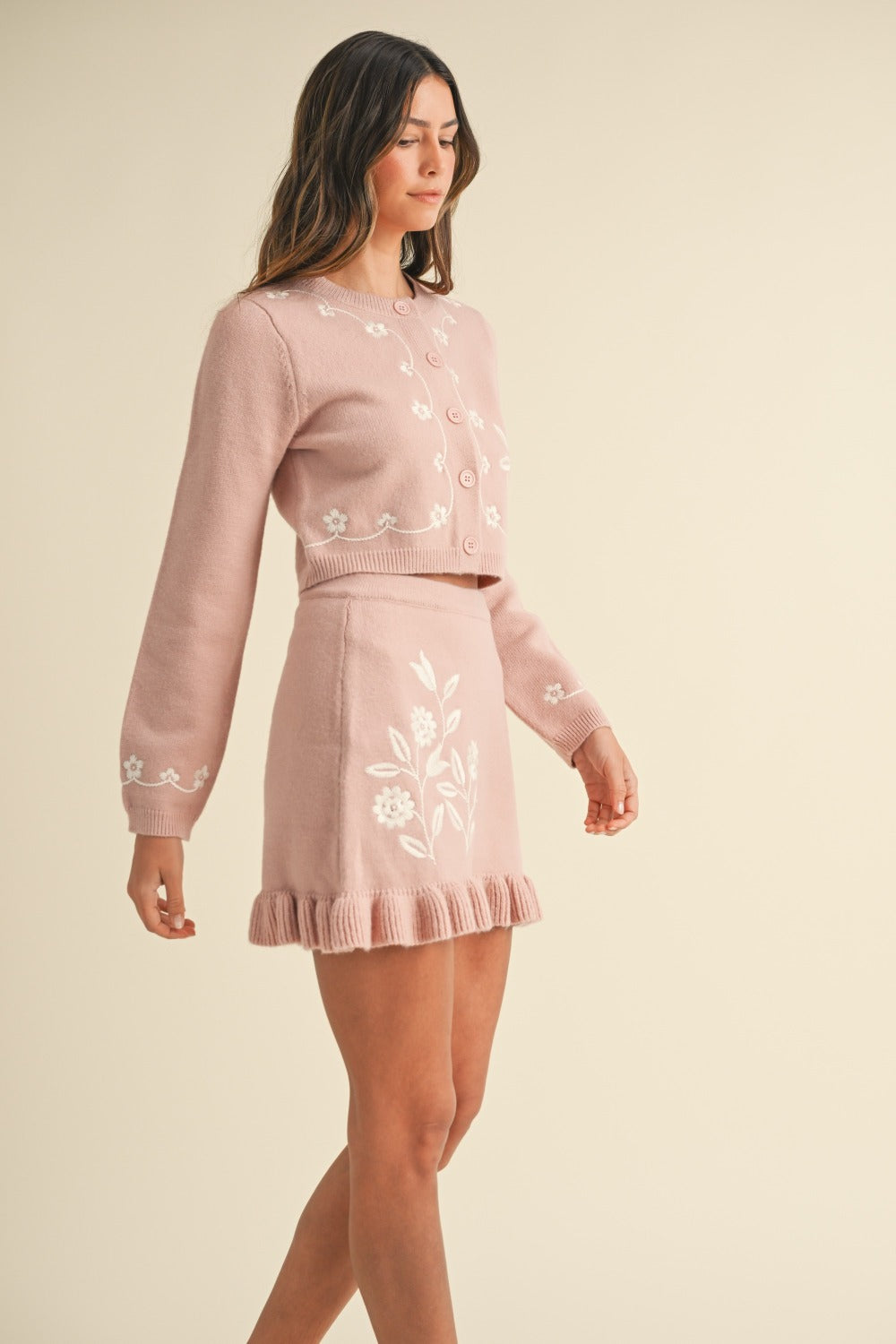 MABLE Floral Embroidered Crop Cardigan and Ruffled Mini Skirt Set  Trendsi   