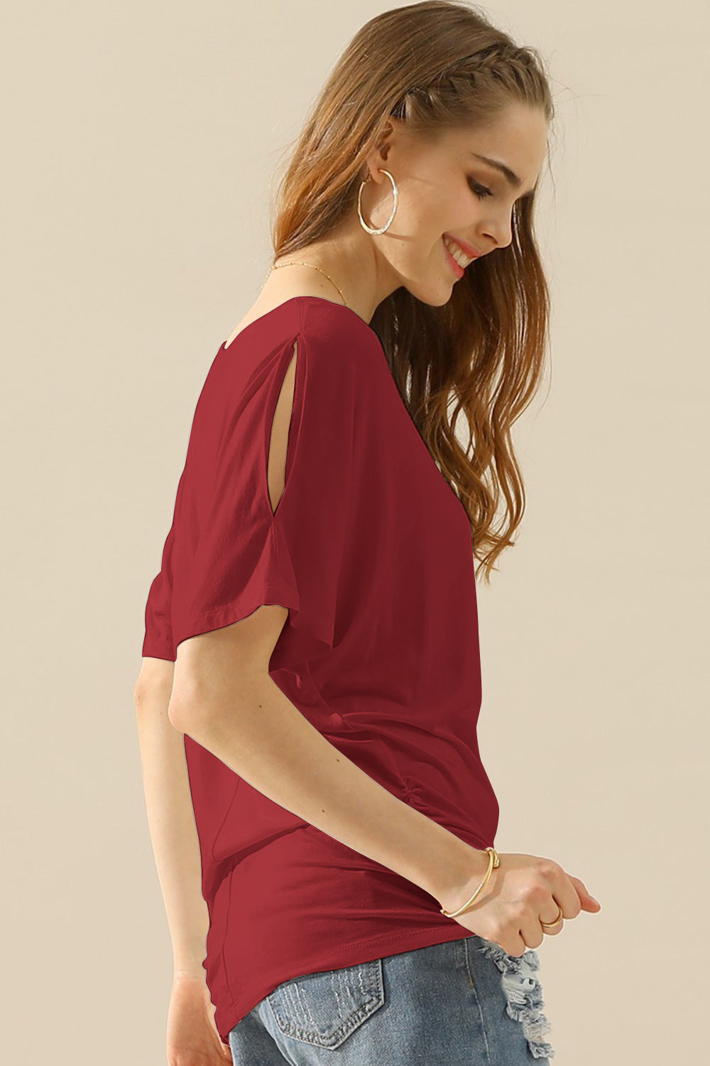 Ninexis Boat Neck Short Sleeve Ruched Side Top Blouse Trendsi   