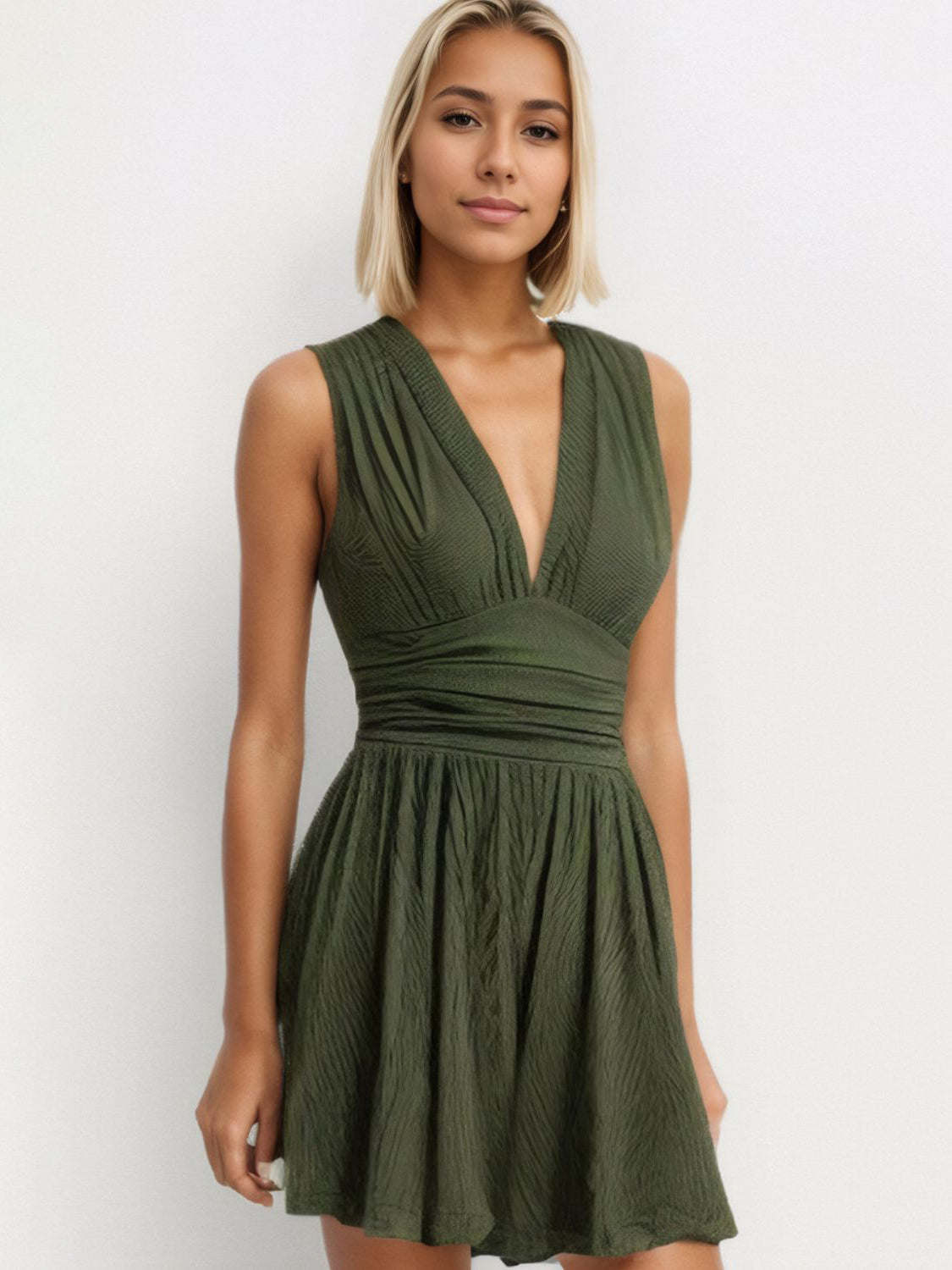 Ruched Plunge Sleeveless Romper  Trendsi Army Green S 