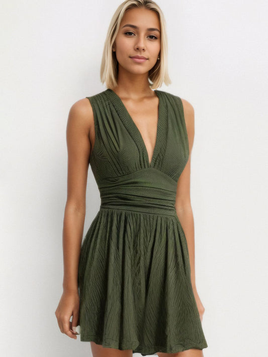 Ruched Plunge Sleeveless Romper  Trendsi Army Green S 