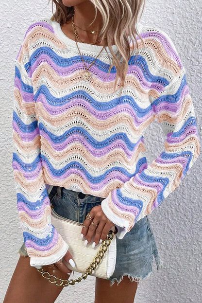 Contrast Wave Stripe Long Sleeve Sweater  Trendsi   