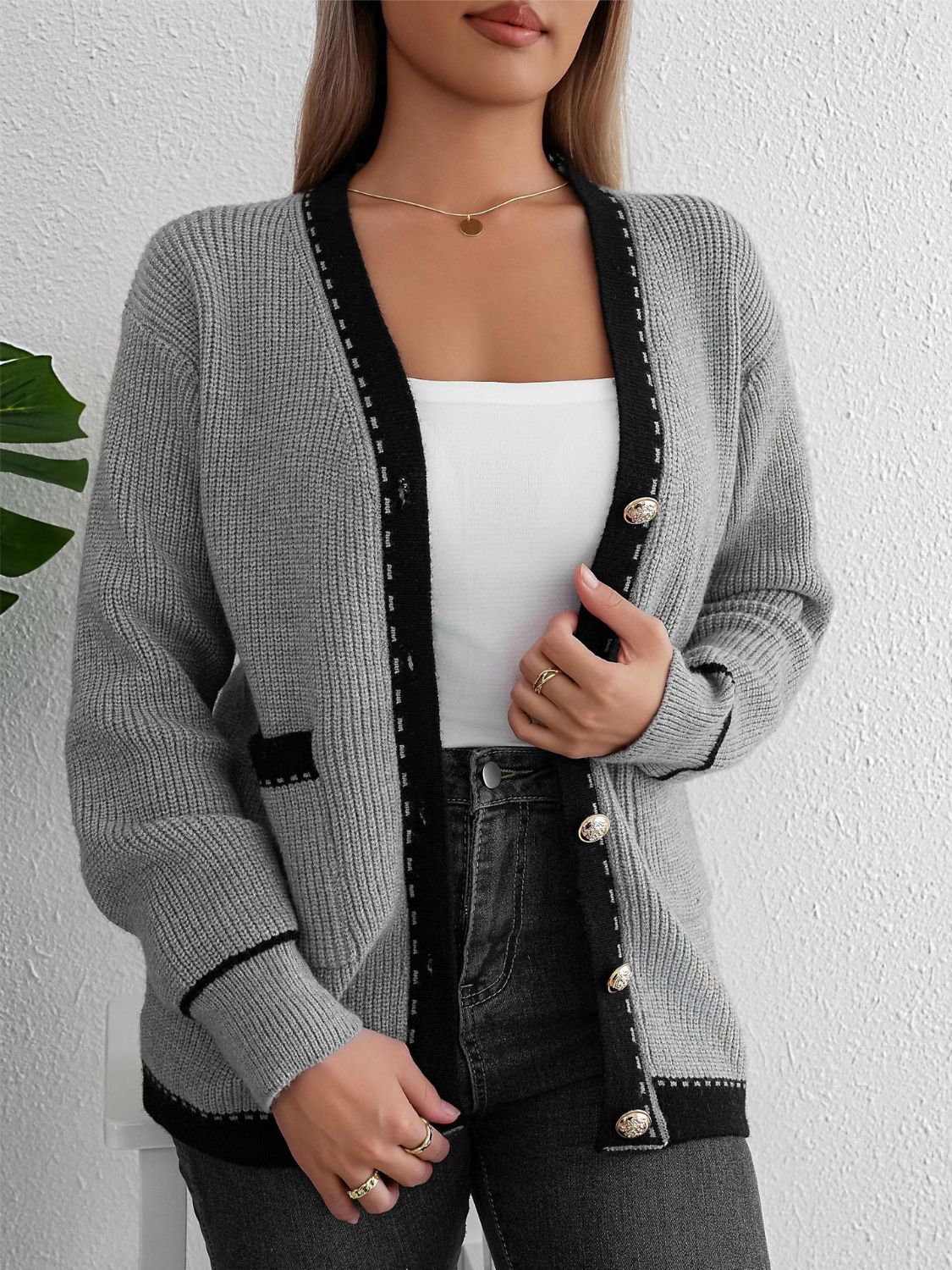 Contrast Trim Button Up Long Sleeve Cardigan  Trendsi   