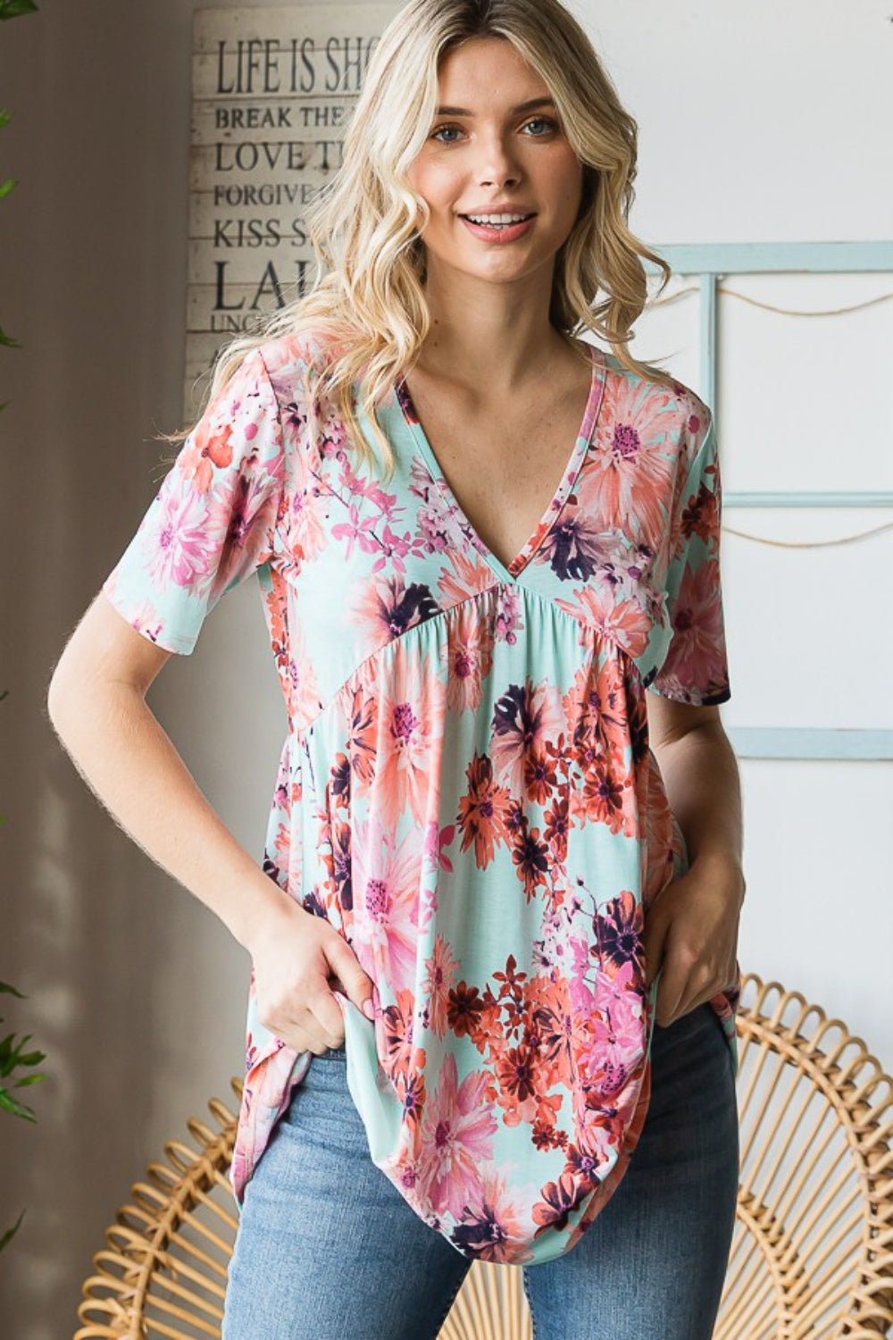 Heimish Full Size Floral V-Neck Short Sleeve Babydoll Blouse Blouse Trendsi   