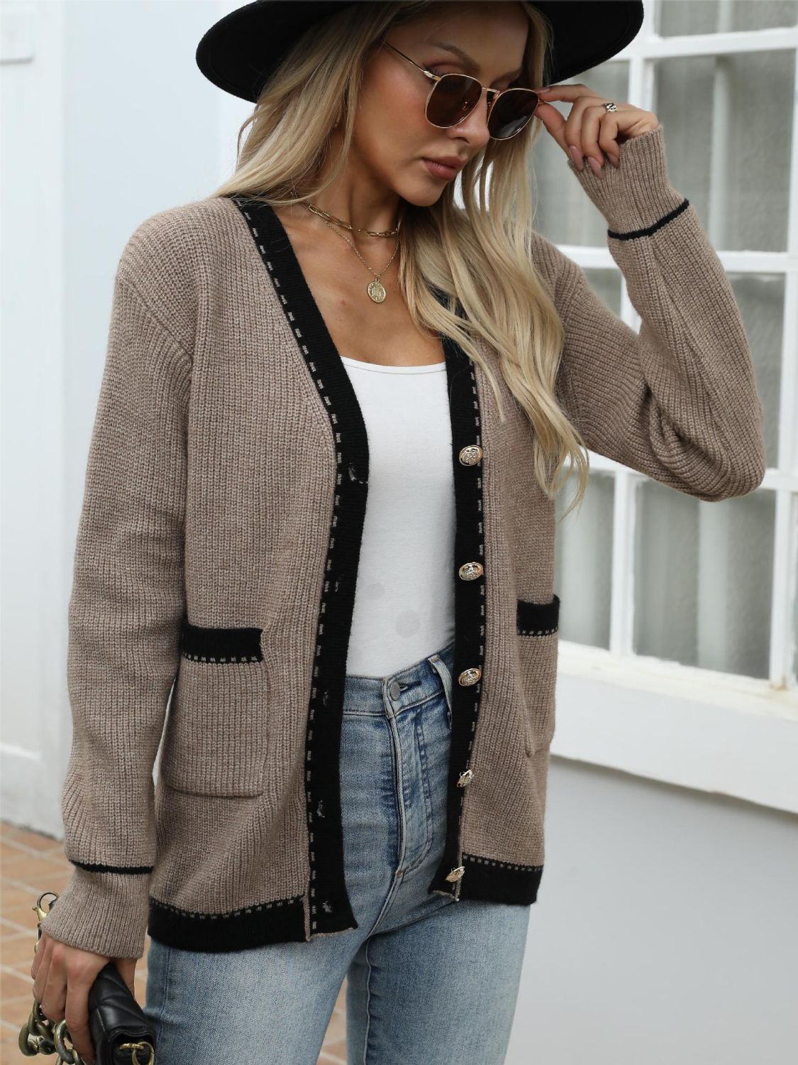 Contrast Trim Button Up Long Sleeve Cardigan  Trendsi   