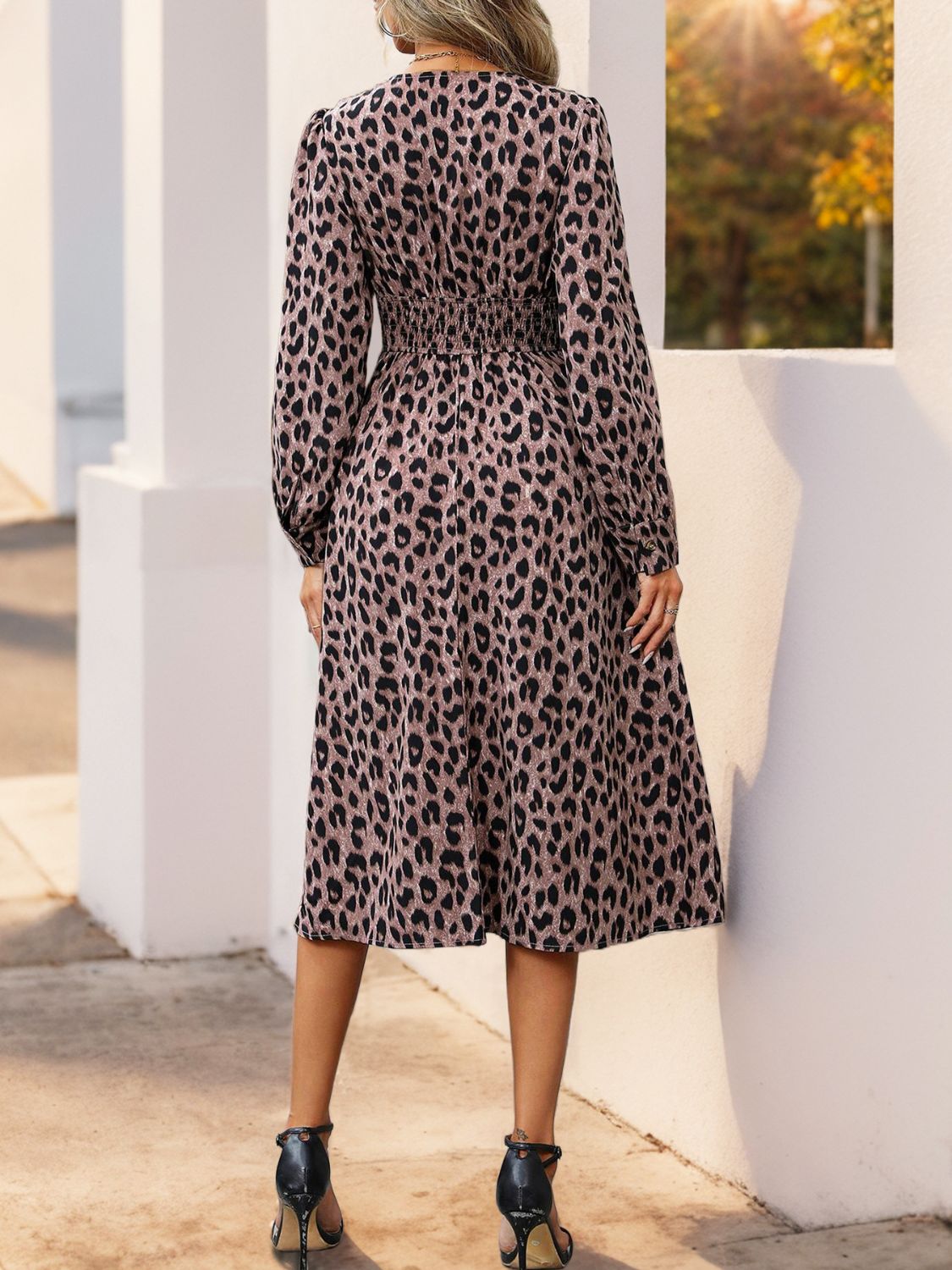 Perfee Leopard Surplice Long Sleeve Midi Dress  Trendsi   