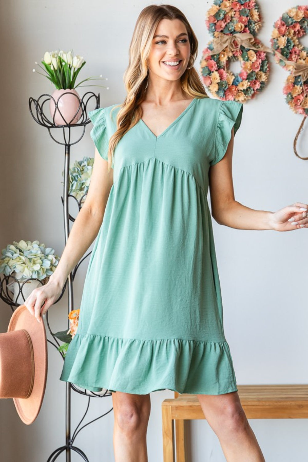 Heimish Full Size Short Sleeve V Neck Ruffled Hem Dress  Trendsi Dusty Sage S 