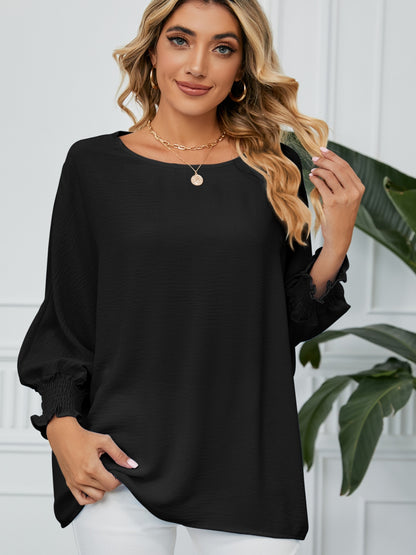 Smocked Lantern Sleeve Round Neck Blouse Blouse Trendsi Black S 