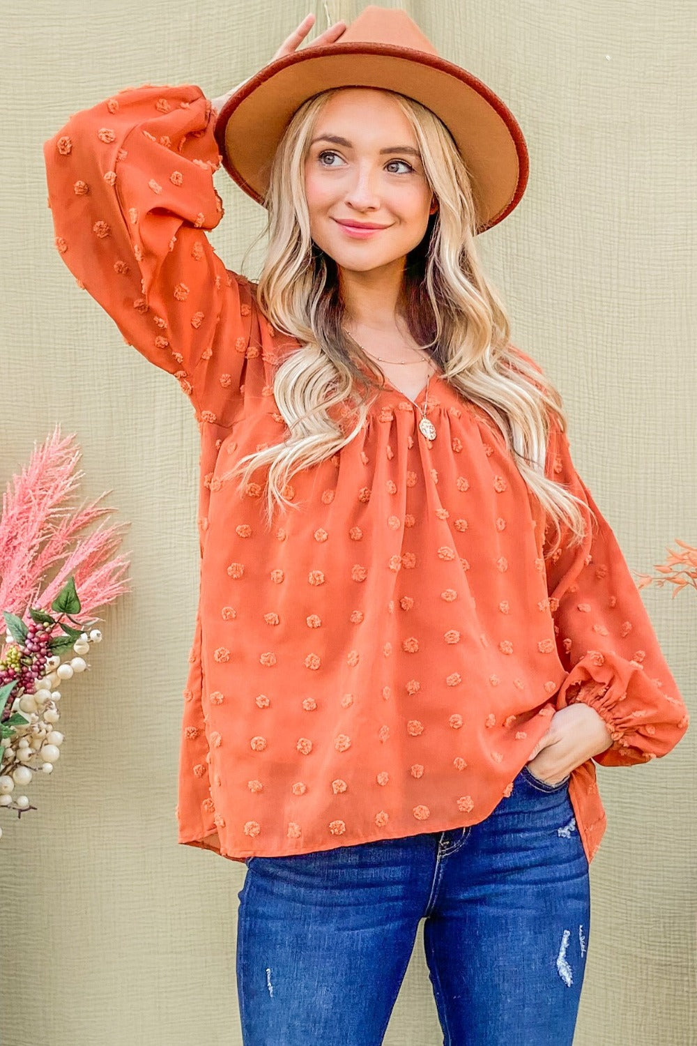 And The Why Swiss Dot V Neck Balloon Sleeve Woven Blouse  Trendsi Rust S 