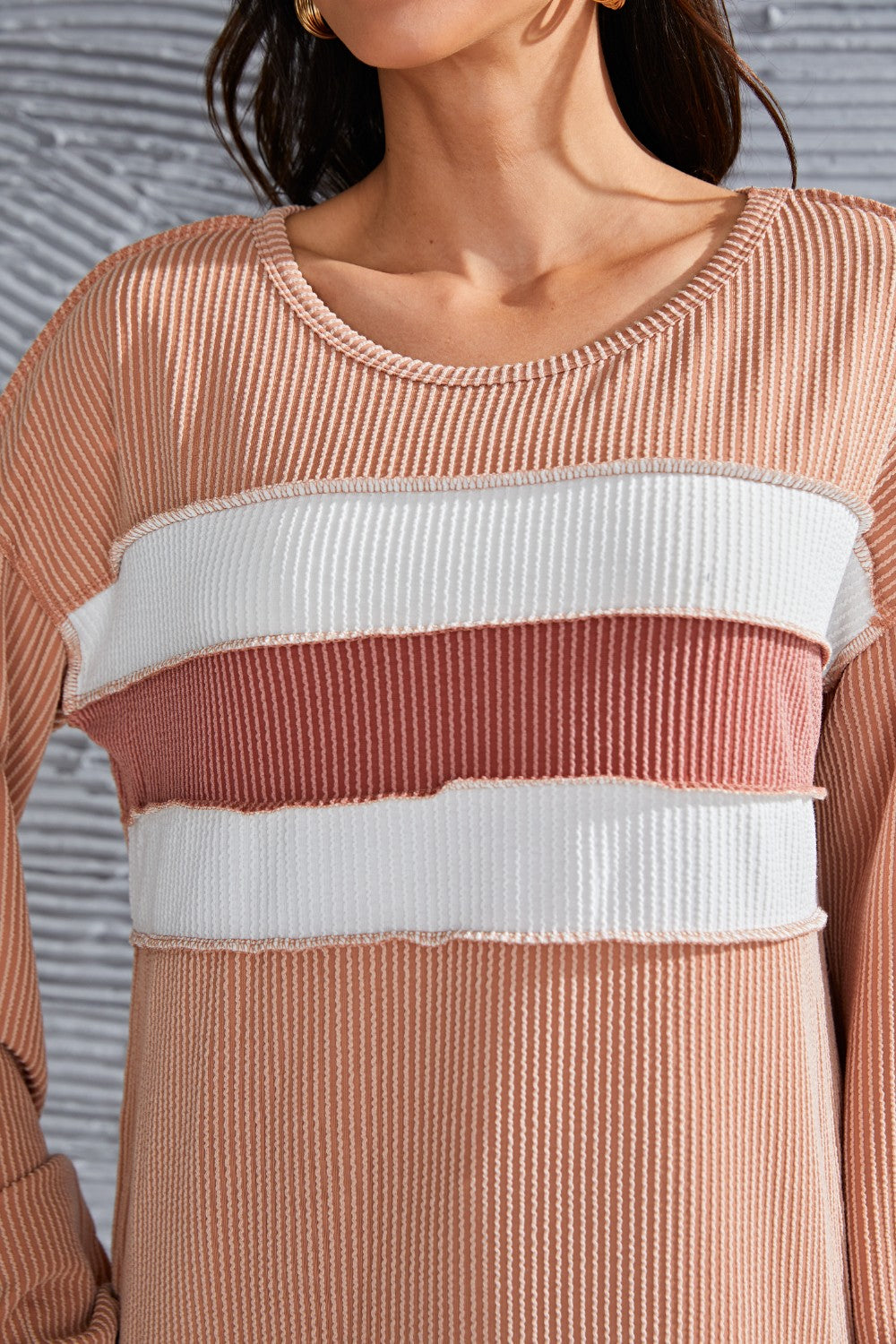 Ribbed Color Block Exposed Seam Round Neck Blouse Blouse Trendsi   