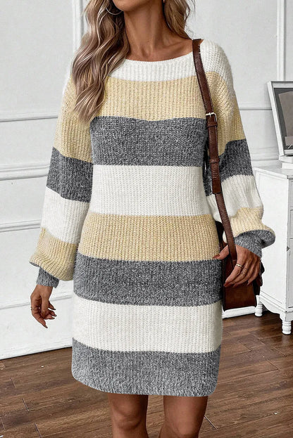 Color Block Boat Neck Long Sleeve Sweater Dress Dress Trendsi   