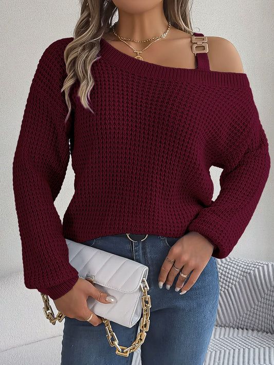 Asymmetrical Neck Long Sleeve Sweater  Trendsi Wine S 