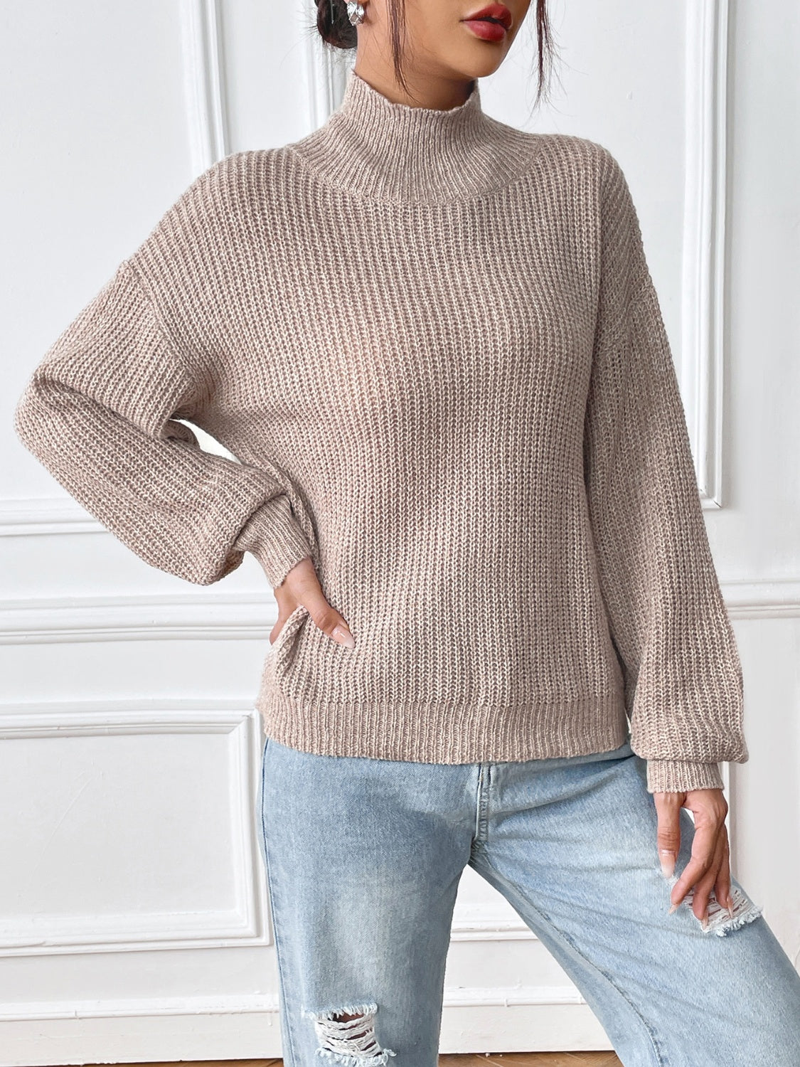 Turtleneck Long Sleeve Sweater  Trendsi Mocha S 