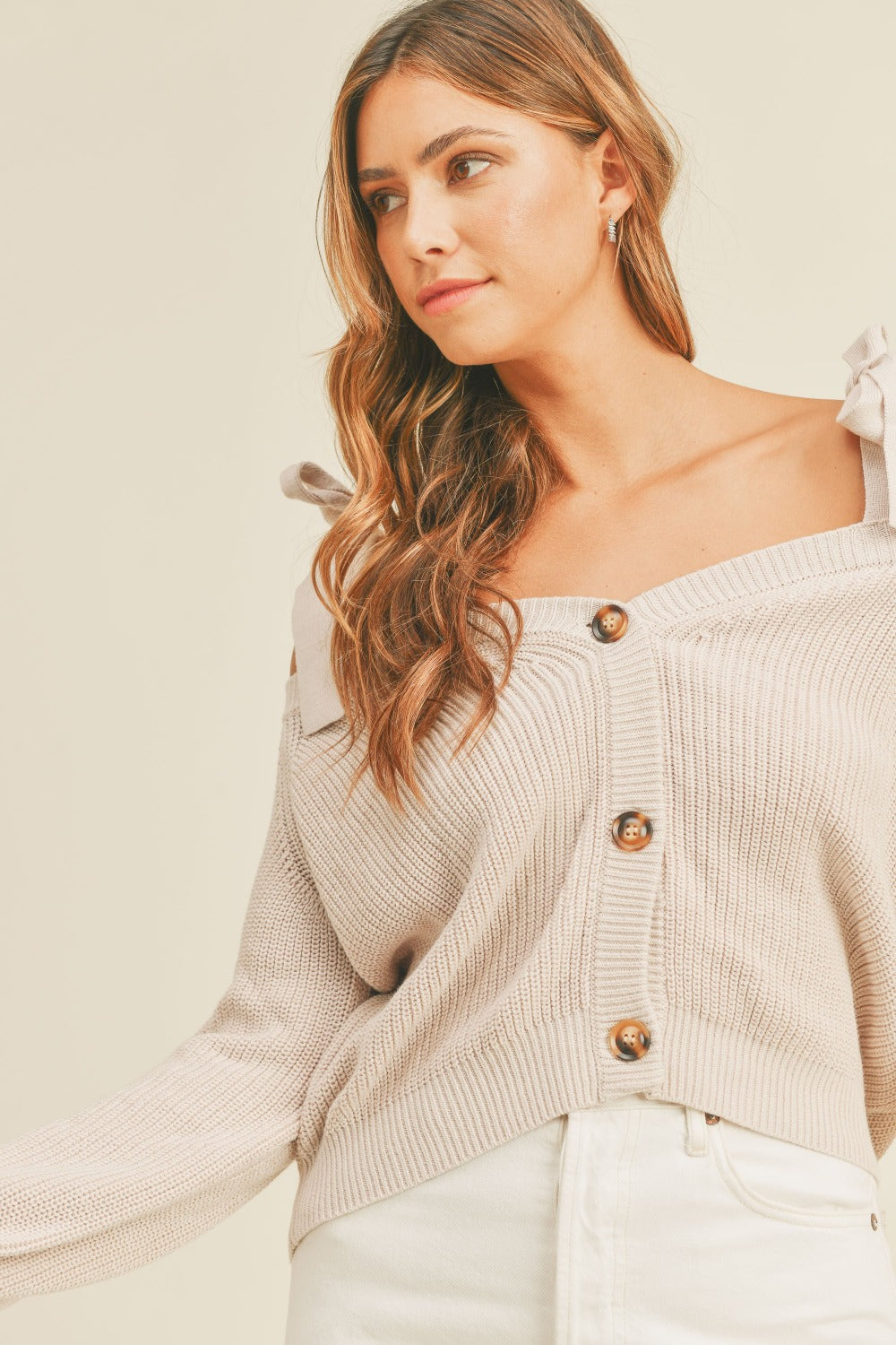 MABLE Off Shoulder Self Tie Strap Button Down Sweater  Trendsi   