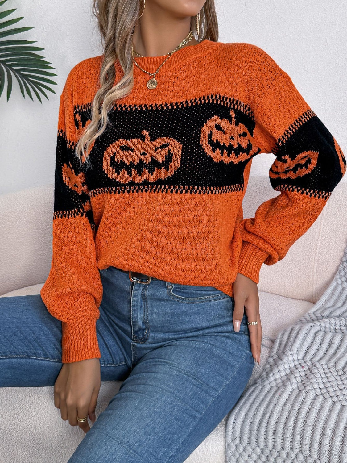 Pumpkin Round Neck Long Sleeve Sweater  Trendsi   