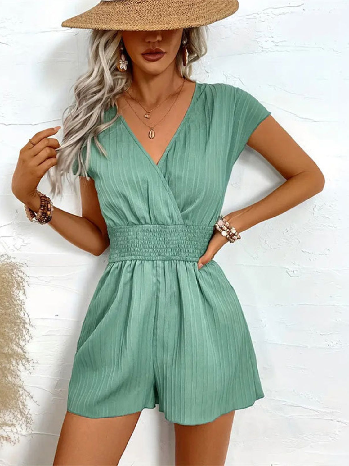 Tied Surplice Short Sleeve Romper  Trendsi Air Force Blue S 