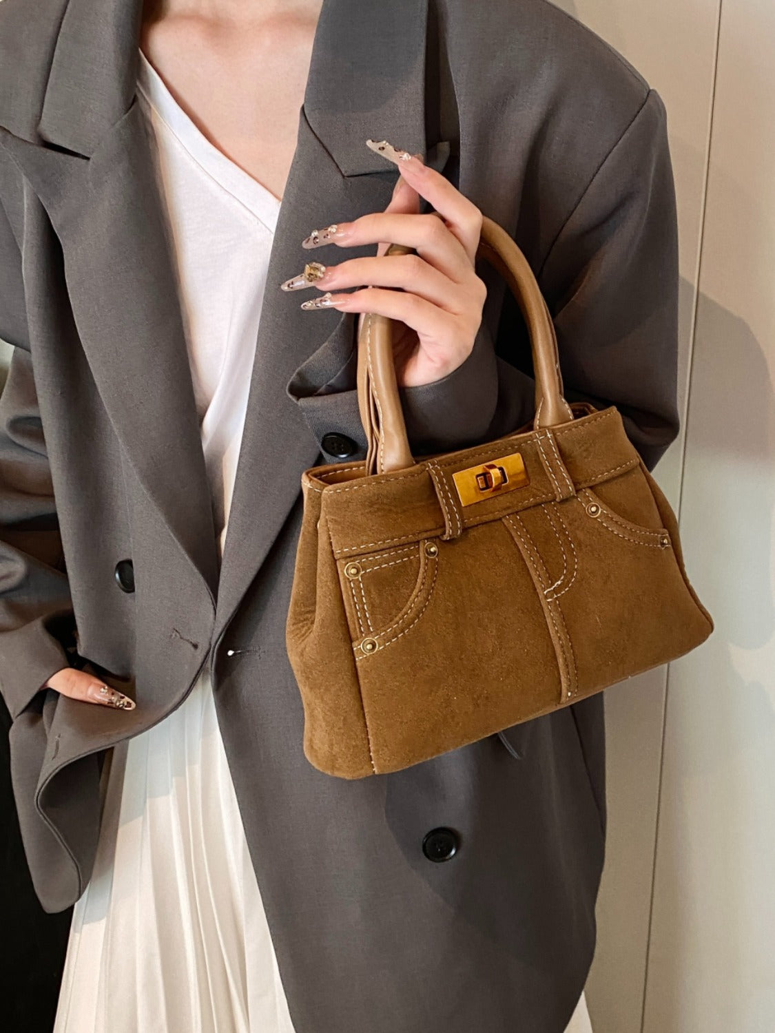 Suede Adjustable Strap Double-Use Handbag Bag Trendsi   