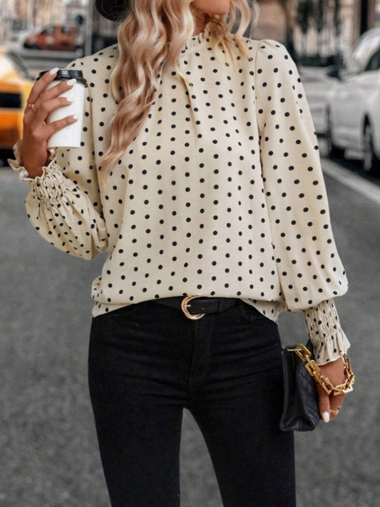 Polka Dot Mock Neck Long Sleeve Blouse  Trendsi Tan S 