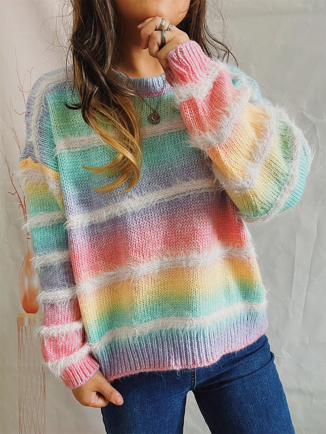 Striped Round Neck Long Sleeve Sweater  Trendsi   