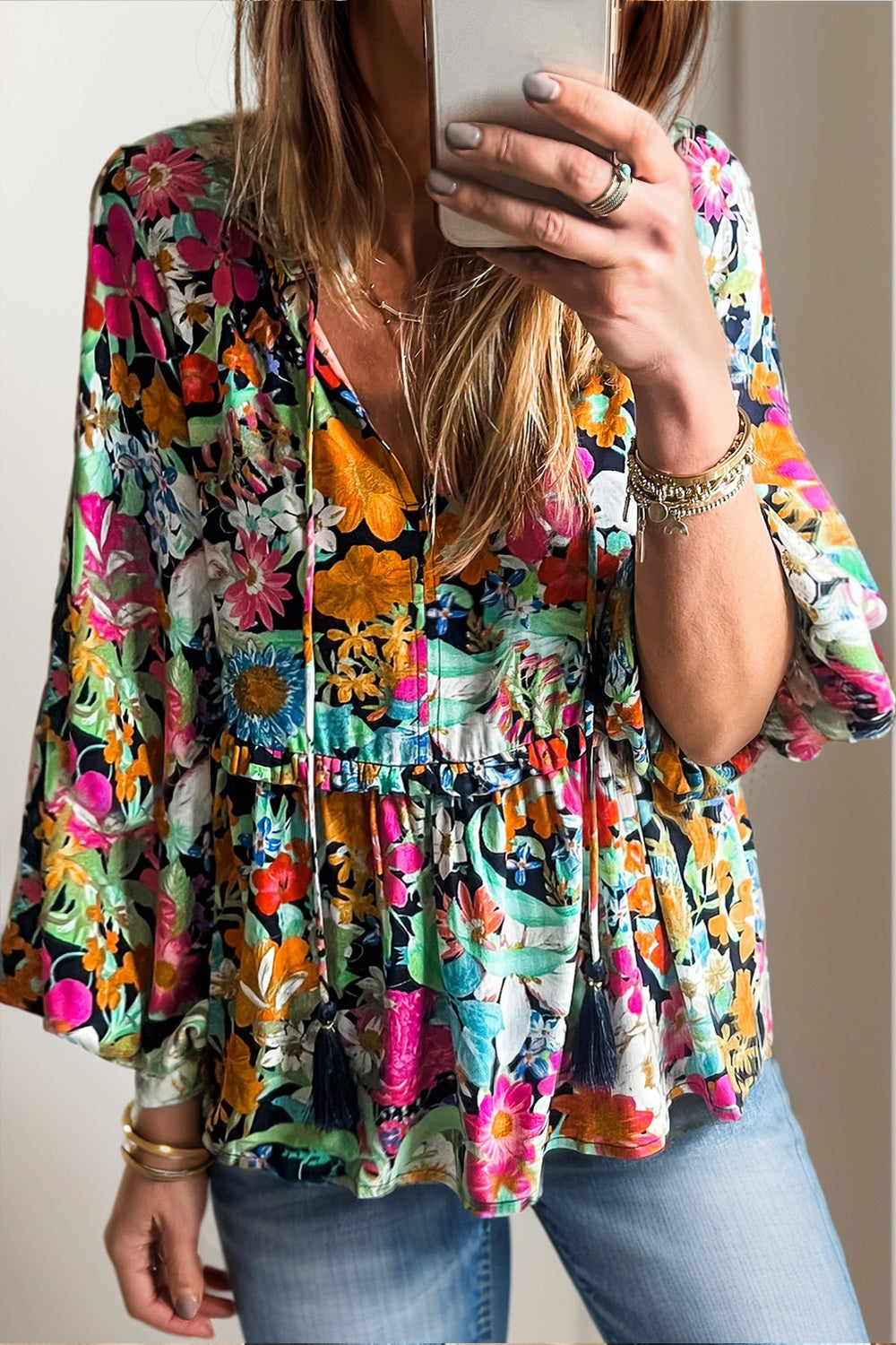 Printed Tie Neck Long Sleeve Blouse Blouse Trendsi Floral S 