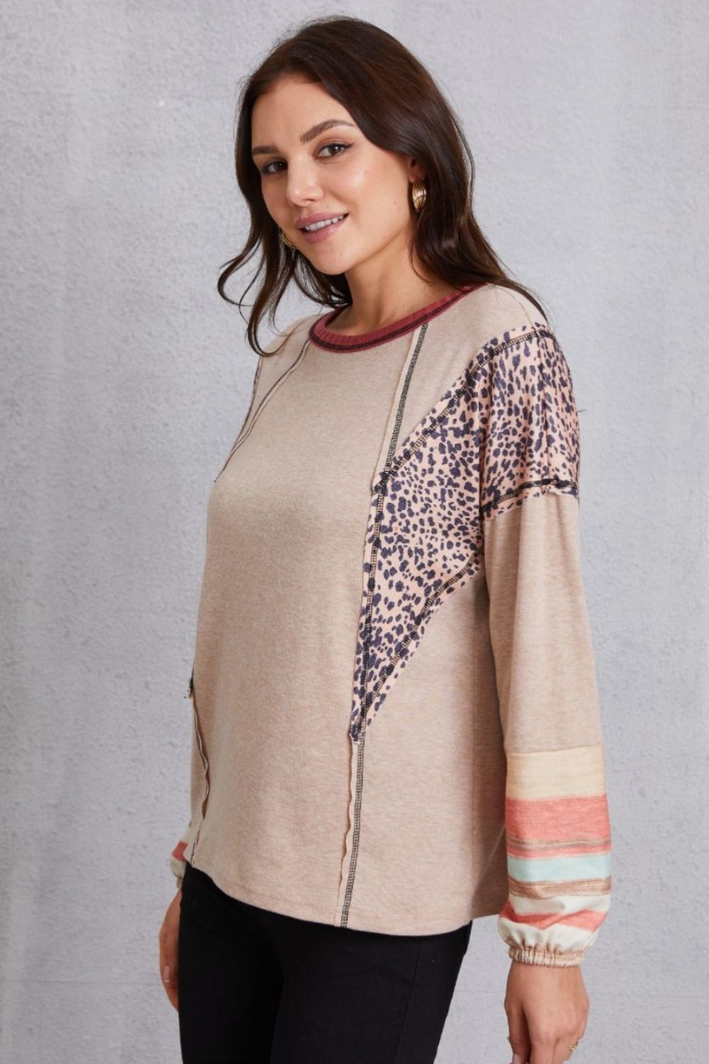 Contrast Stitching Leopard Long Sleeve Blouse Blouse Trendsi   