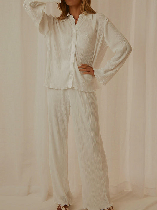 Collared Neck Long Sleeve Top and Pants Lounge Set  Trendsi Cream S 