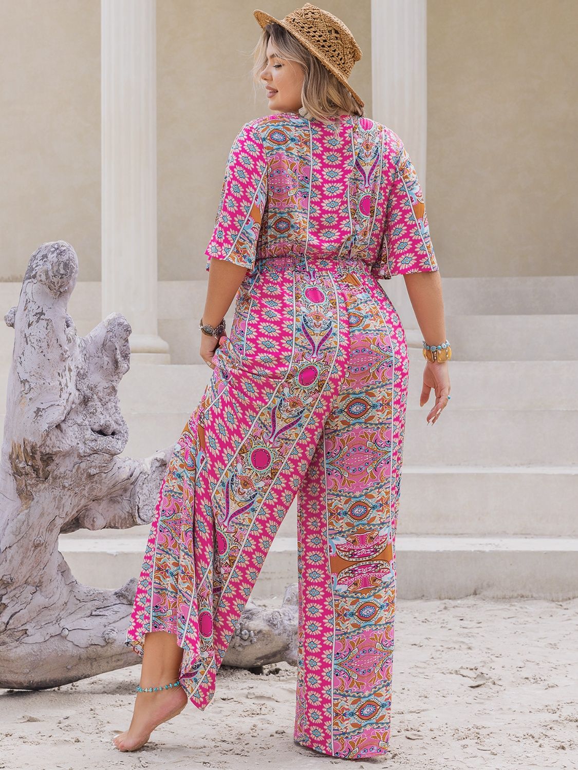 Plus Size Printed Half Sleeve Wide Leg Jumpsuit  Trendsi   