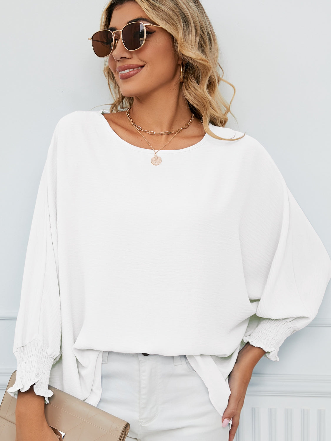 Smocked Lantern Sleeve Round Neck Blouse Blouse Trendsi   