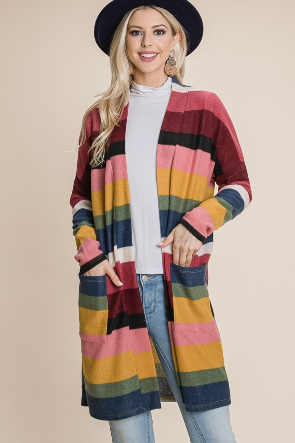 BOMBOM Color Block Striped Open Front Cardigan  Trendsi Multi S 