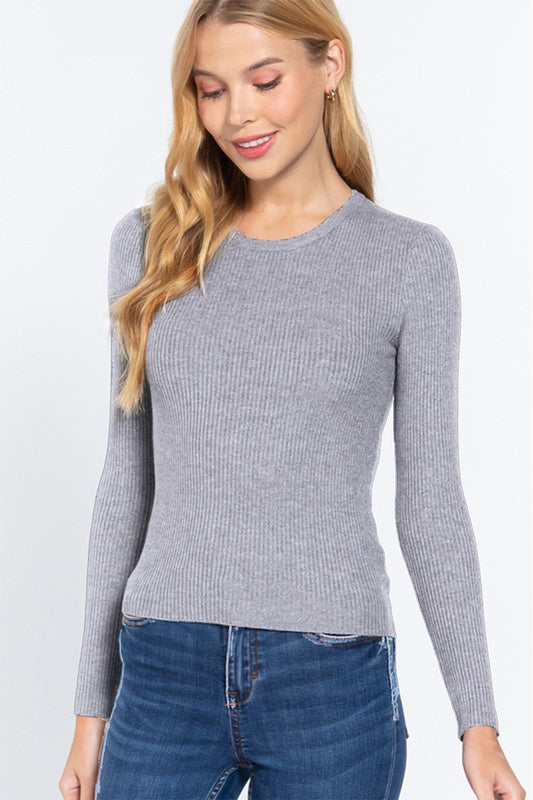 ACTIVE BASIC Full Size Ribbed Round Neck Long Sleeve Knit Top  Trendsi GREY S 