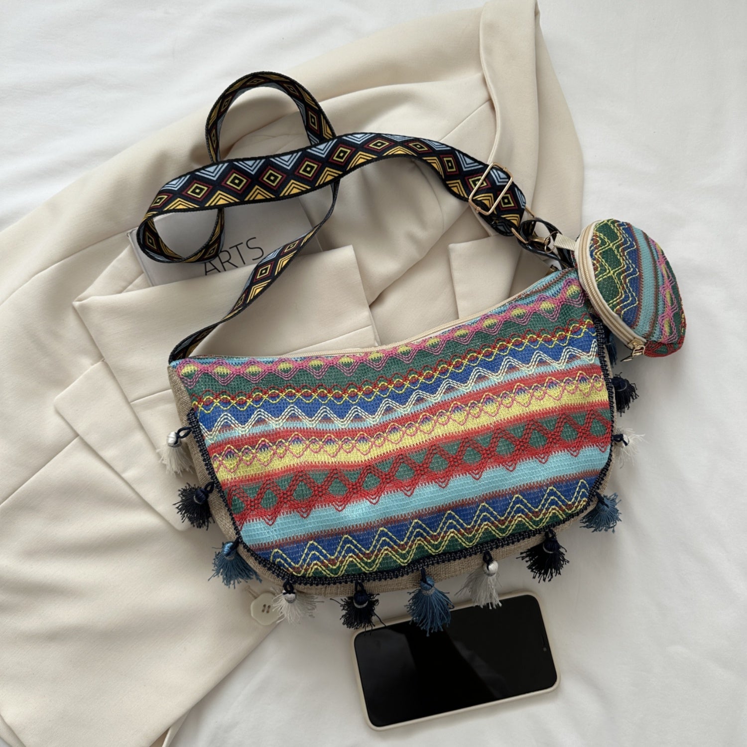 Printed Tassel Detail Crossbody Bag with Small Purse  Trendsi   