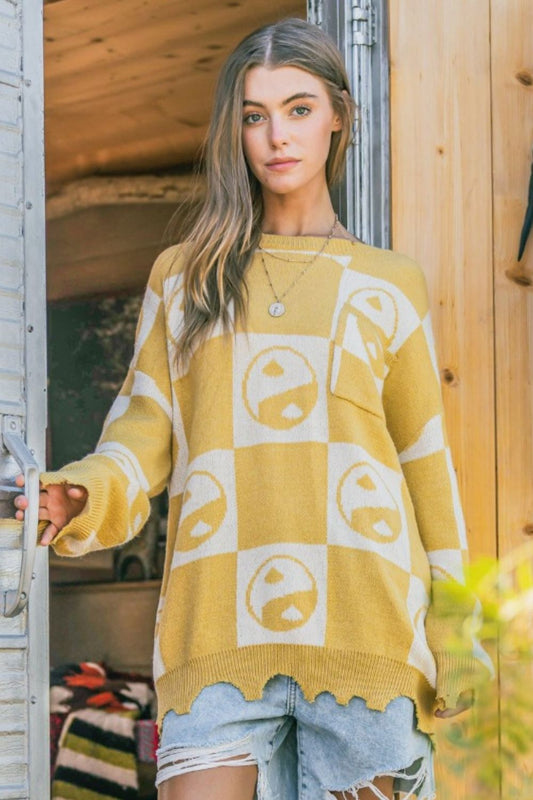 And The Why Checkerboard Sweater with Yin Yang Pattern Luxe Trendsi Mustard S/M 