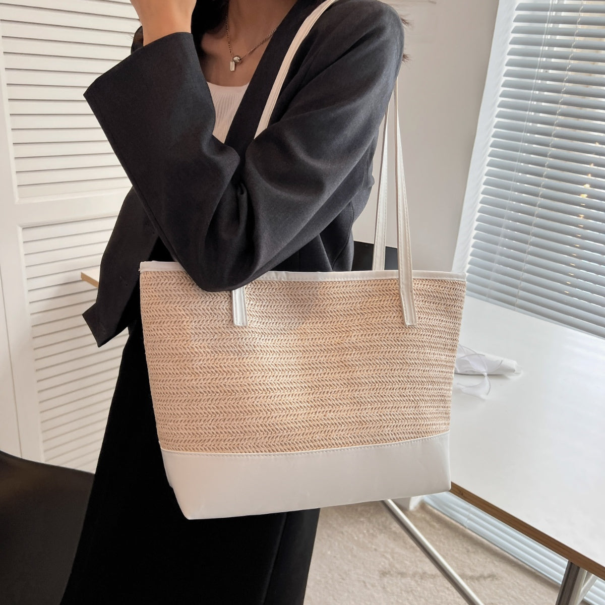 Straw Weave Leather Strap Tote Bag  Trendsi   