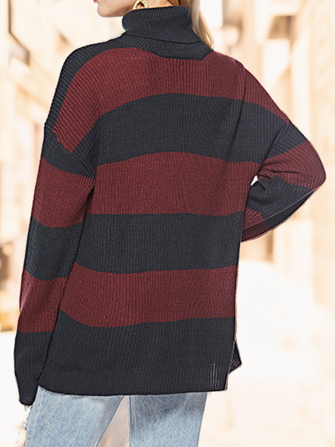 Striped Turtleneck Long Sleeve Sweater  Trendsi   