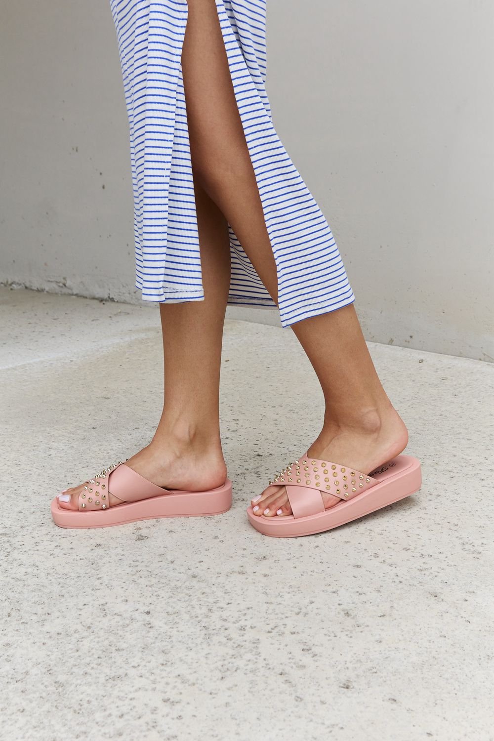 Forever Link Studded Cross Strap Sandals in Blush  Trendsi   