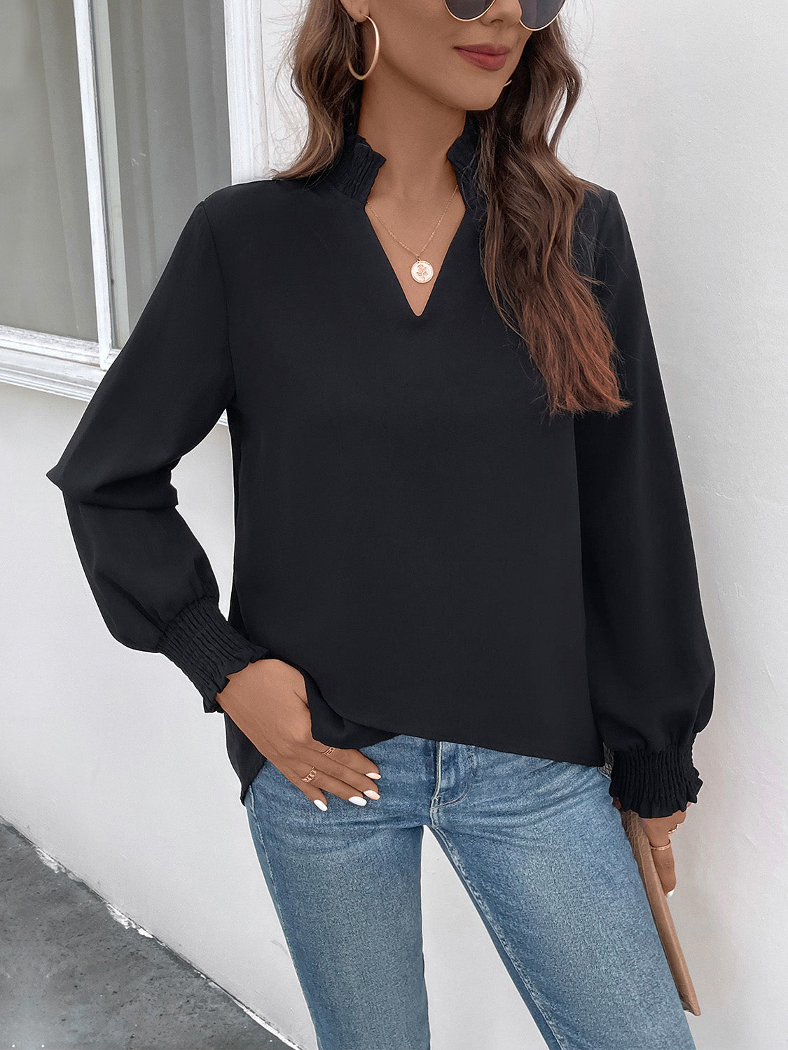 Perfee Smocked Notched Long Sleeve Blouse Blouse Trendsi Black S 