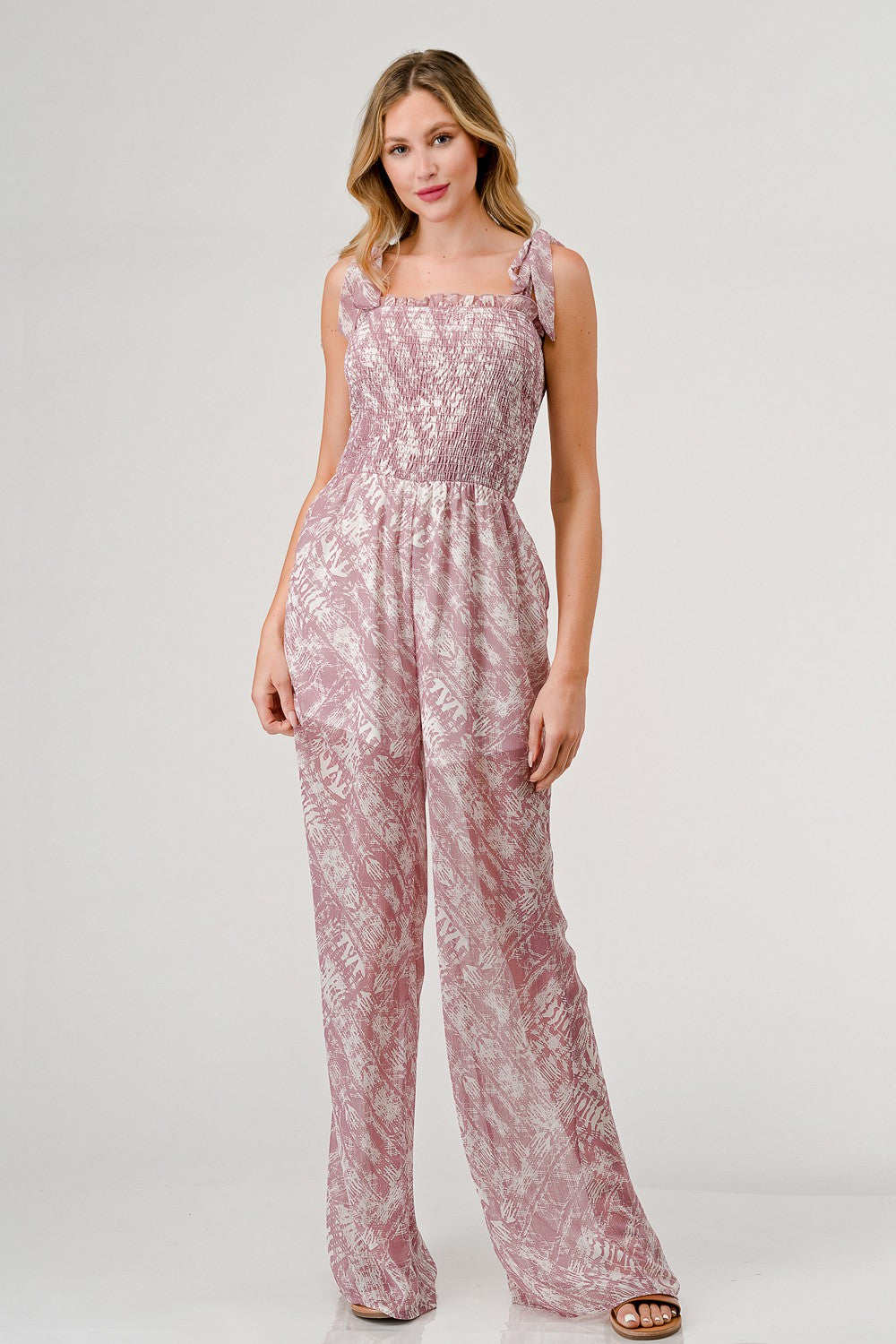 GeeGee Printed Tie Shoulder Wide Leg Jumpsuit  Trendsi Mauve S 