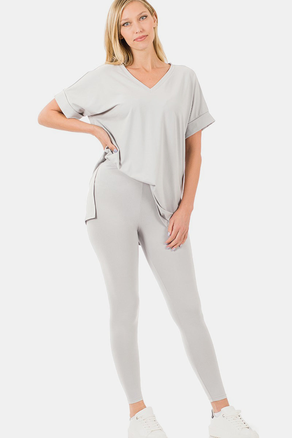 Zenana V-Neck Rolled Short Sleeve T-Shirt and Leggings Lounge Set  Trendsi   