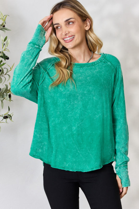 Zenana Round Neck Long Sleeve Top Blouse Trendsi Kelly Green S 