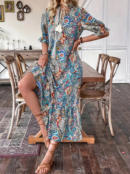 Printed Tie Neck Flounce Sleeve Midi Dress