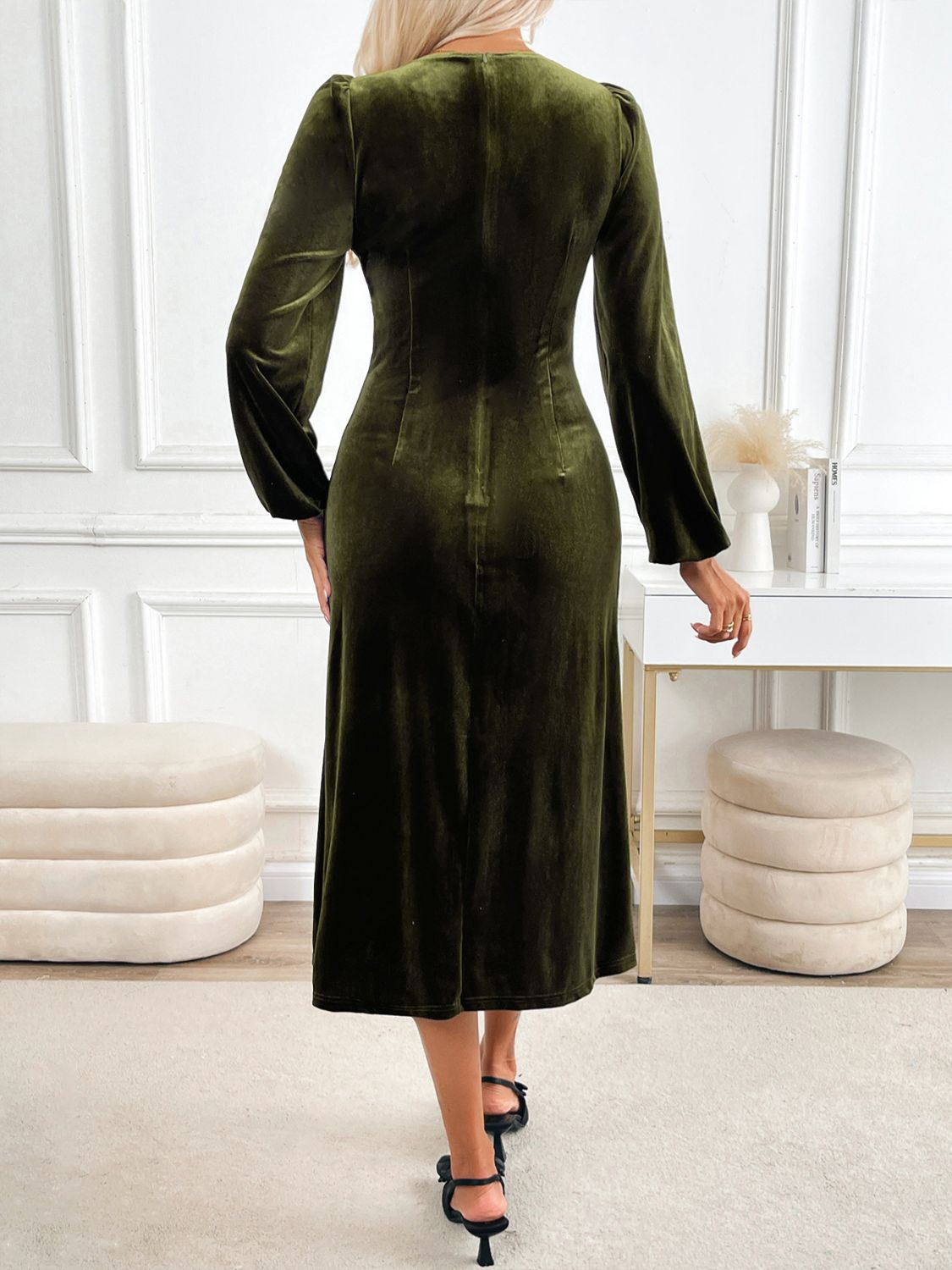 Perfee Slit V-Neck Long Sleeve Midi Dress  Trendsi   