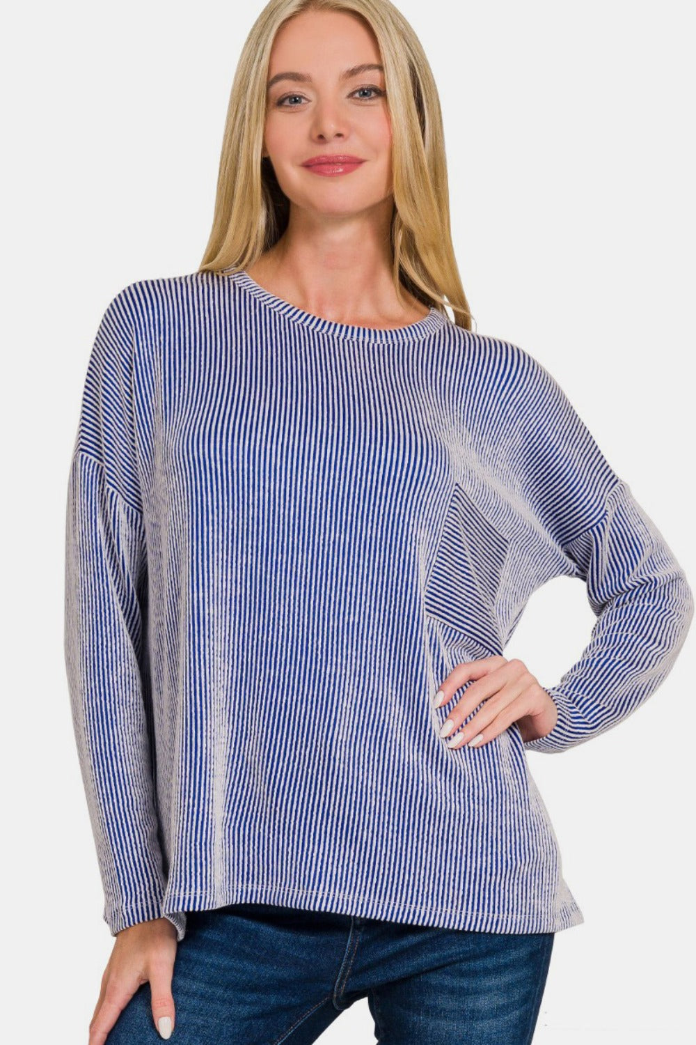 Zenana Ribbed Striped Long Sleeve T-Shirt  Trendsi Bright Blue S/M 