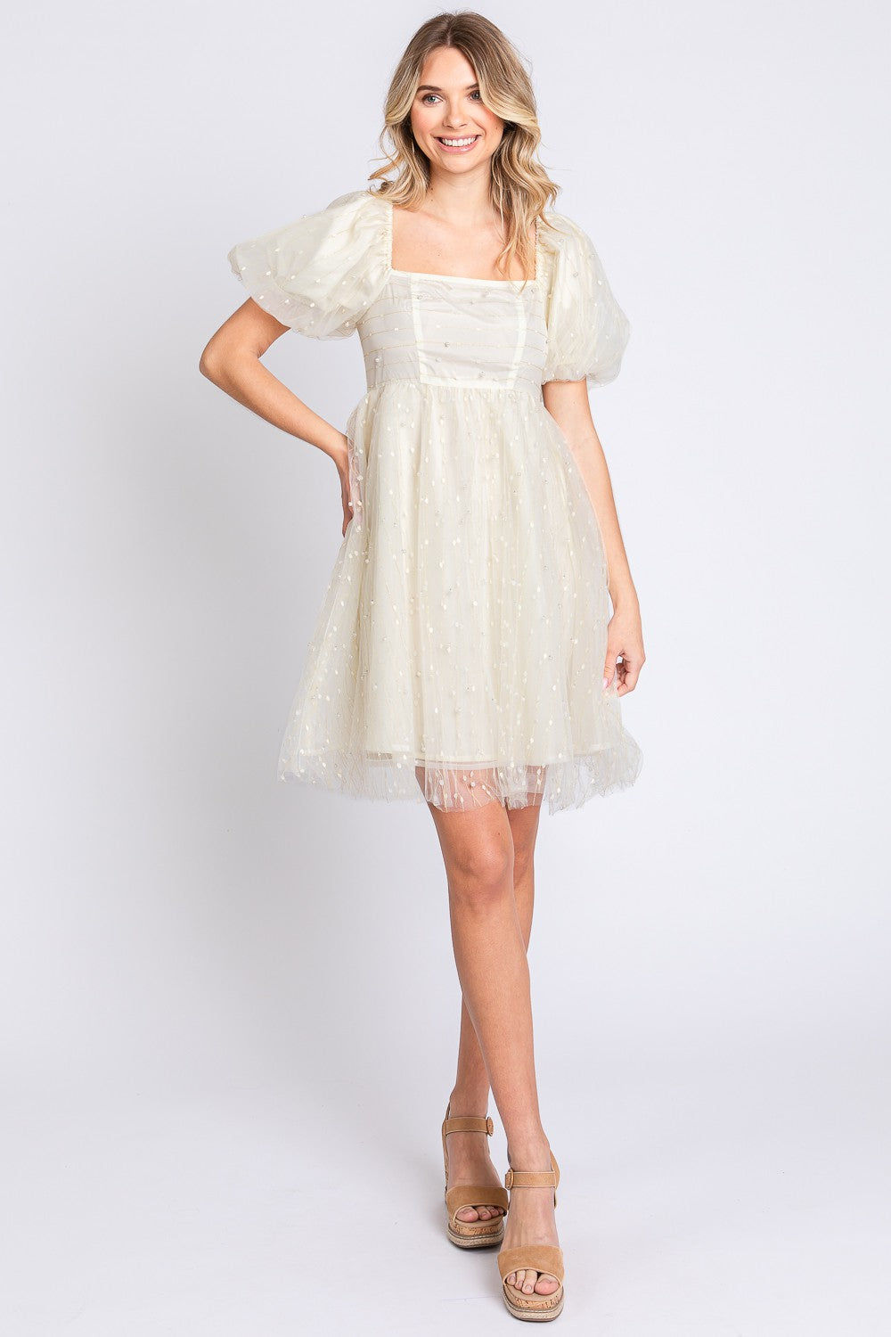 GeeGee Pearl Mesh Puff Sleeve Babydoll Dress  Trendsi Cream S 