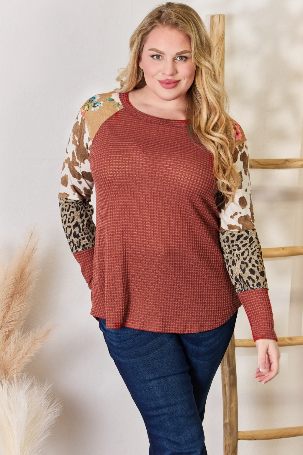 Hailey & Co Full Size Leopard Waffle-Knit Blouse  Trendsi   