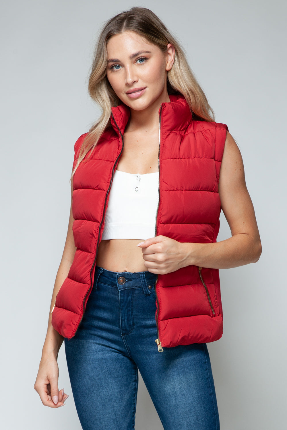 Snobbish Zip Up Turtleneck Vest with Pockets  Trendsi Red S 