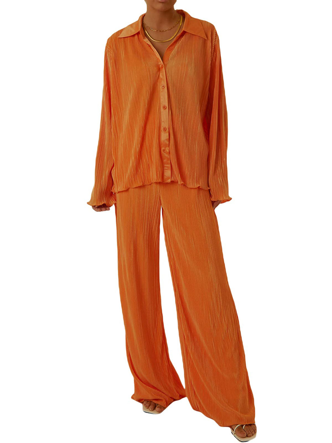 Collared Neck Long Sleeve Top and Pants Lounge Set  Trendsi   