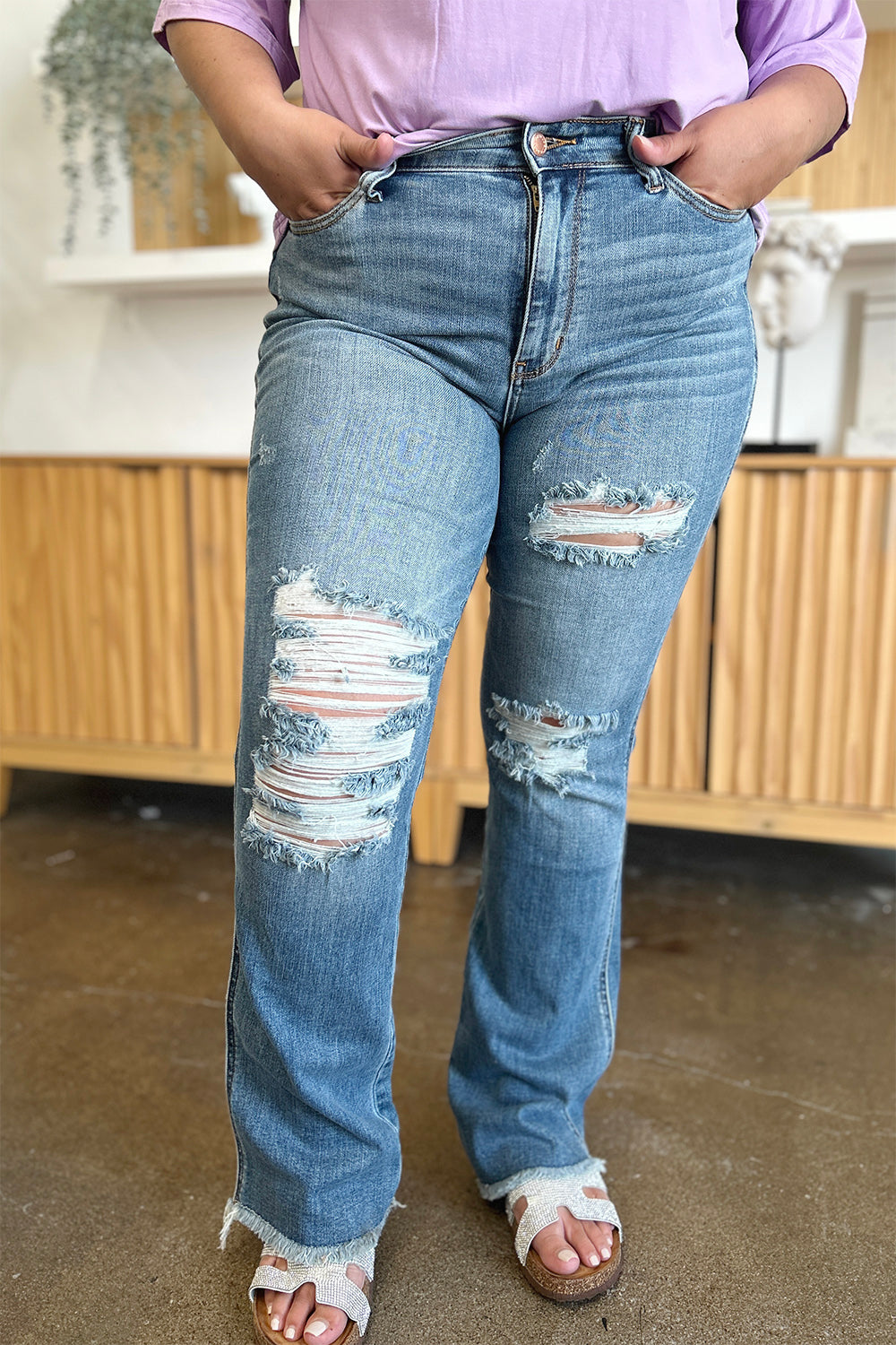 Judy Blue Full Size Distressed Raw Hem Bootcut Jeans  Trendsi   