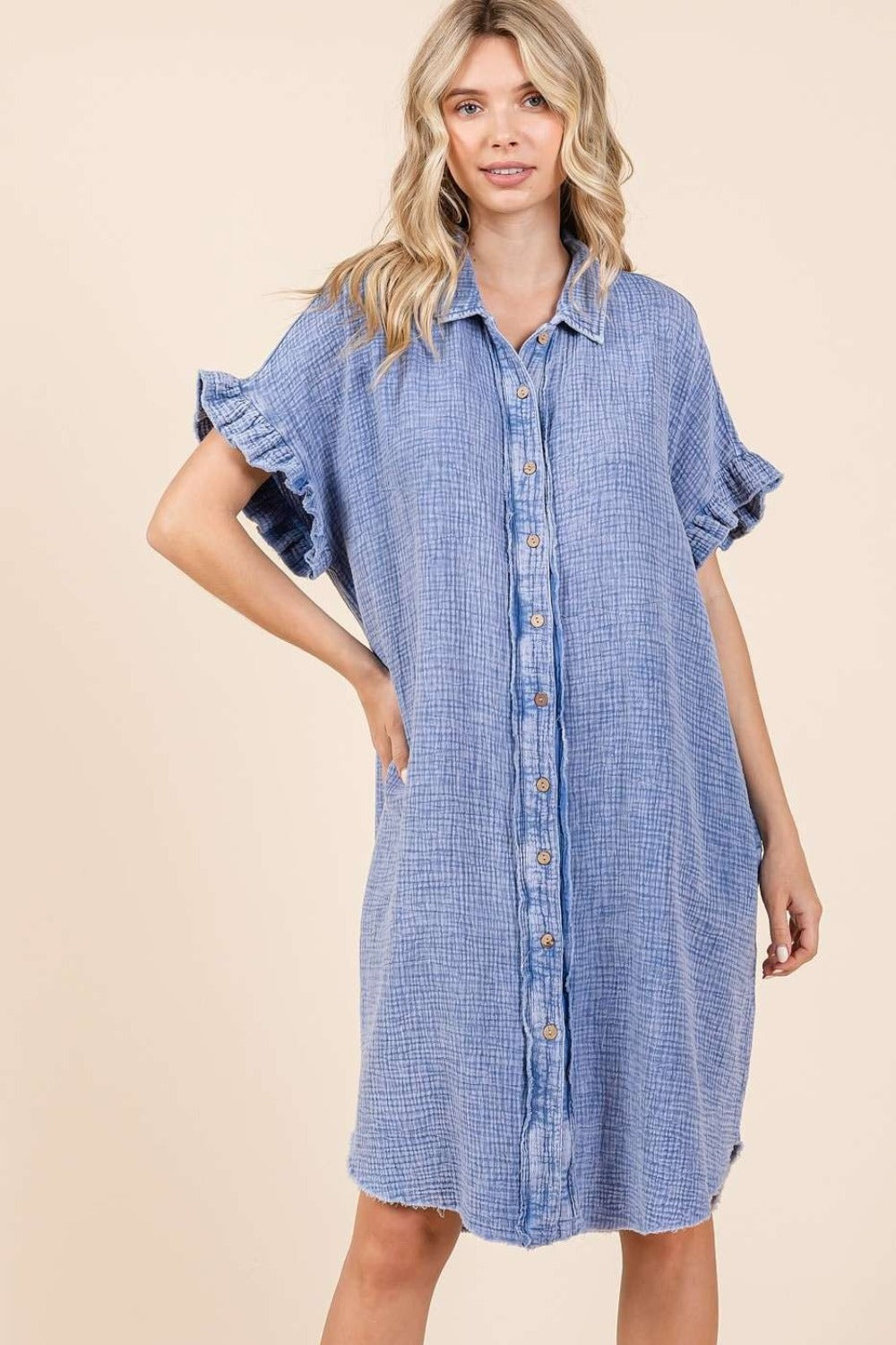 Mittoshop Mineral Wash Cotton Gauze Mini Shirt Dress  Trendsi Blue S 