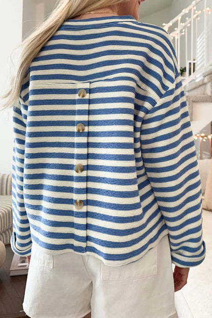 Striped Notched Long Sleeve Top Blouse Trendsi   