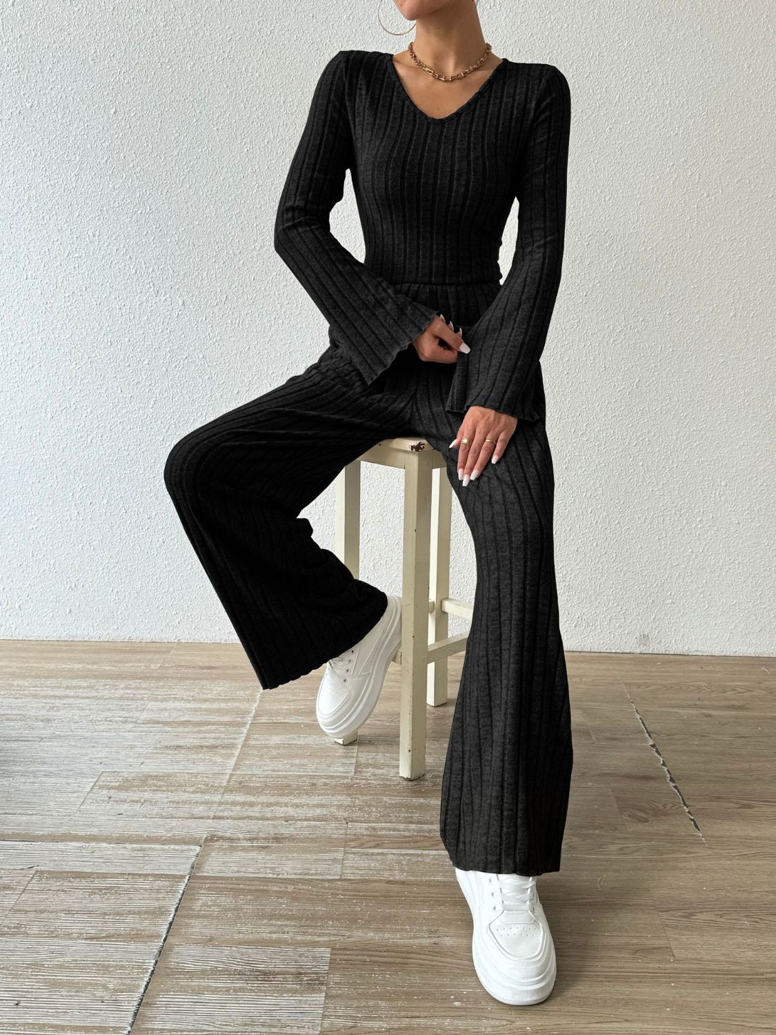 Ribbed V-Neck Long Sleeve Top and Pocketed Pants Set  Trendsi   